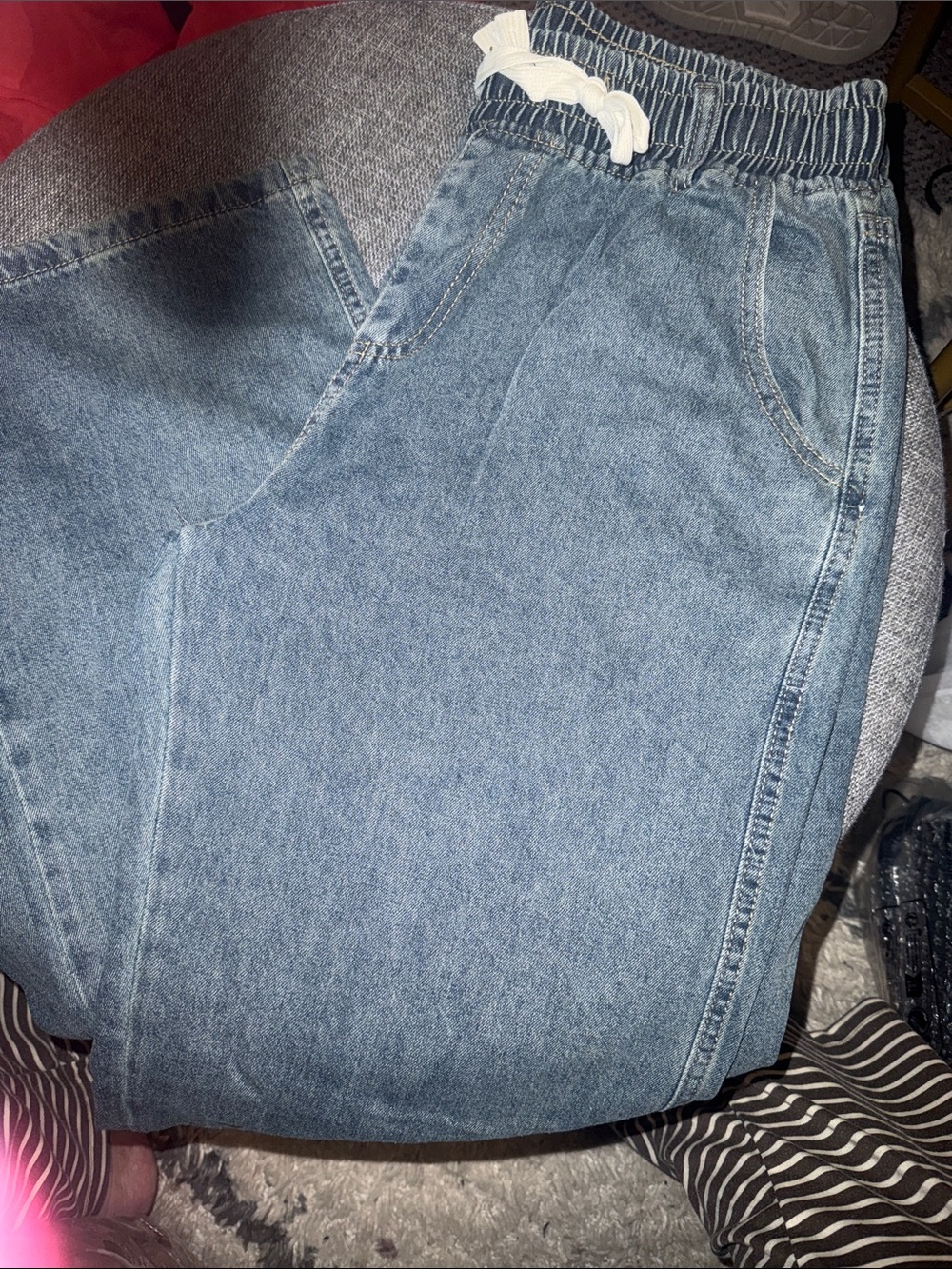 Women’s Light Blue Elastic-Waist Wide Leg Denim Jeans